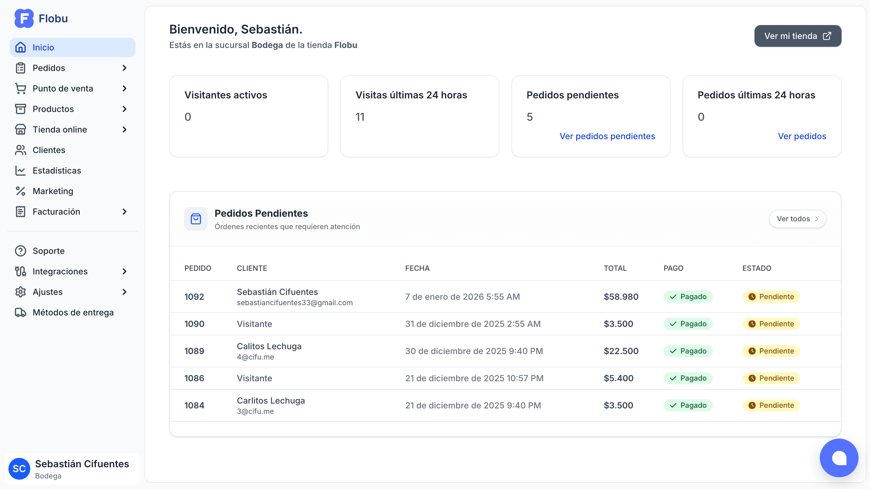 Captura de pantalla de la página de administración de Flobu