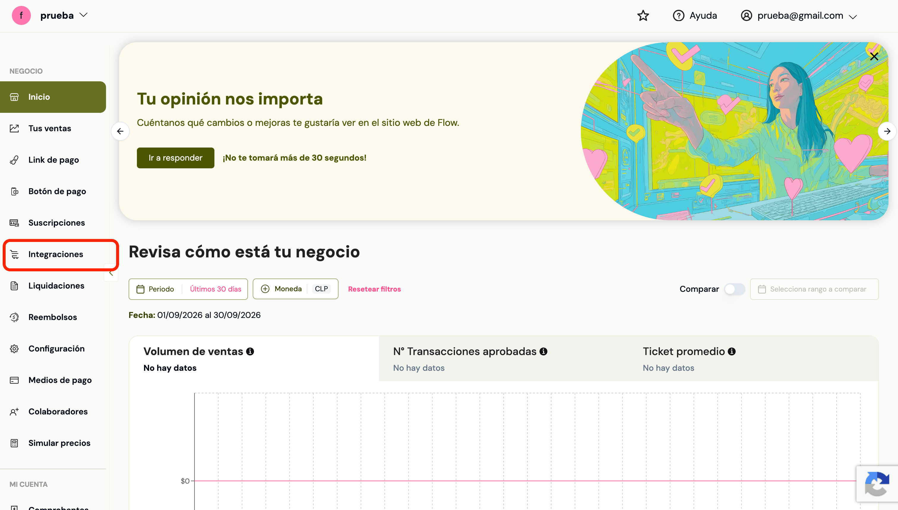 Ubicación de Integraciones en el menú lateral de Flow