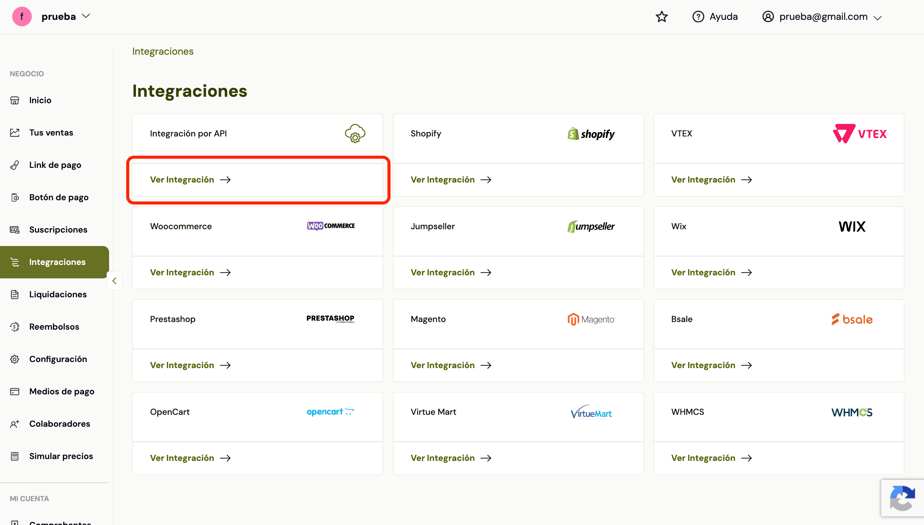 Botón Ver Integración de la tarjeta Integración por API