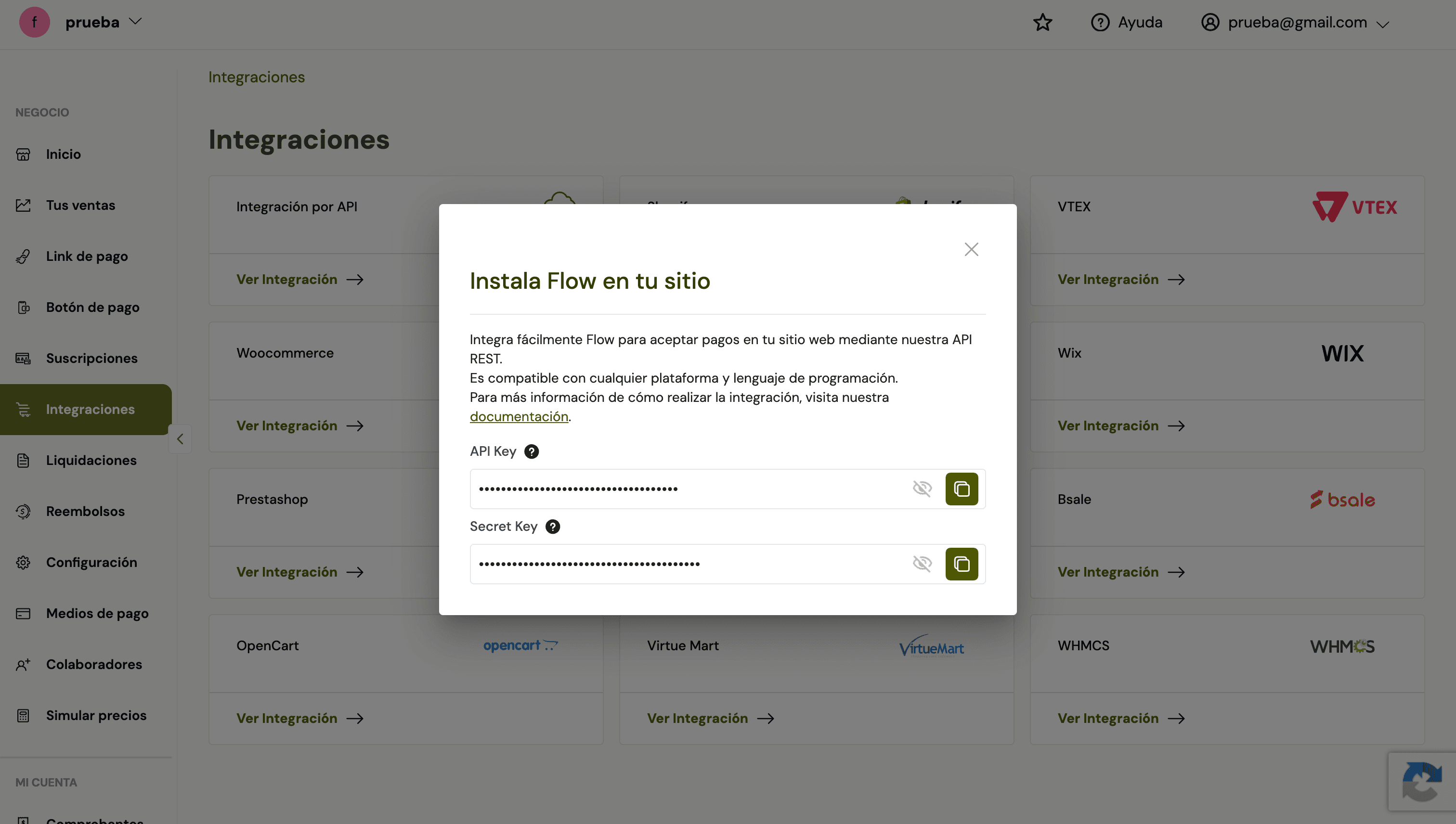 Campos API Key y Secret Key ocultos y sus botones de copia
